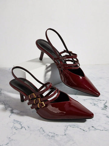 Wine Red Pointed Toe Buckle Decor High Heel Sandals, Elegant & Sexy