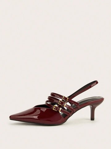 Wine Red Pointed Toe Buckle Decor High Heel Sandals, Elegant & Sexy