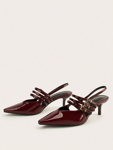Wine Red Pointed Toe Buckle Decor High Heel Sandals, Elegant & Sexy