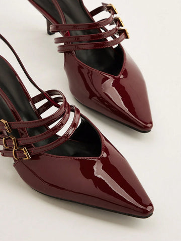 Wine Red Pointed Toe Buckle Decor High Heel Sandals, Elegant & Sexy