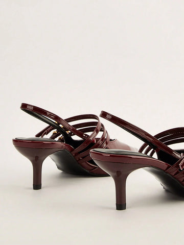 Wine Red Pointed Toe Buckle Decor High Heel Sandals, Elegant & Sexy