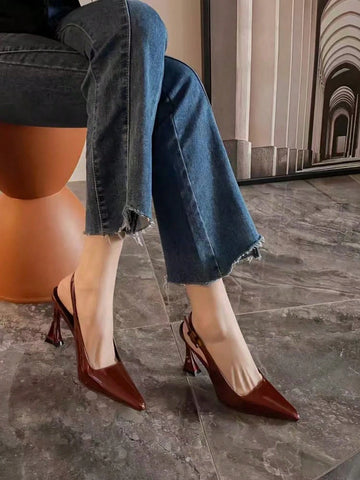 Wine Red Pointed Toe Chunky Heel Highly Stable Mules Sandals With Ankle Strap For Women, Fashion In 2025