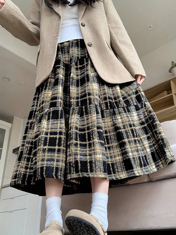 Winter Thick Casual Melange Plaid Patchwork Ruffled Skirt