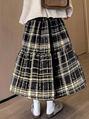 Winter Thick Casual Melange Plaid Patchwork Ruffled Skirt