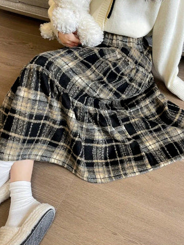 Winter Thick Casual Melange Plaid Patchwork Ruffled Skirt