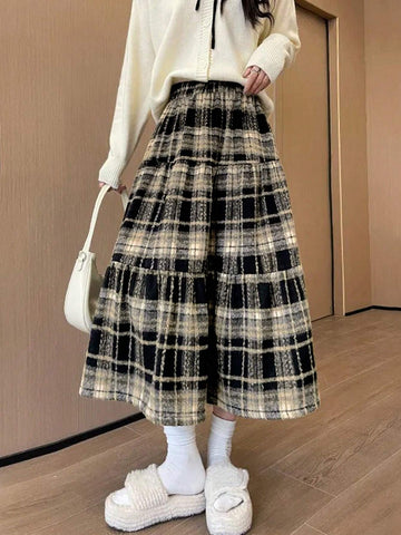 Winter Thick Casual Melange Plaid Patchwork Ruffled Skirt