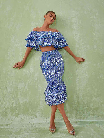 Wisteria Ruffle Off Shoulder Hollow Set In Blue