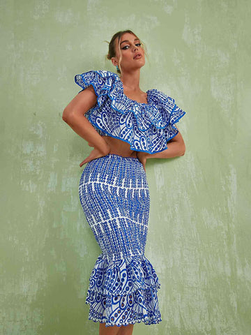 Wisteria Ruffle Off Shoulder Hollow Set In Blue