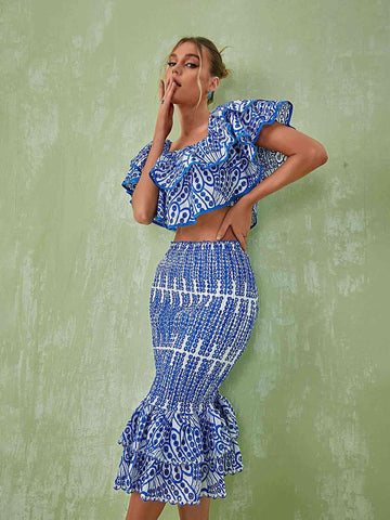 Wisteria Ruffle Off Shoulder Hollow Set In Blue