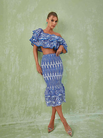 Wisteria Ruffle Off Shoulder Hollow Set In Blue