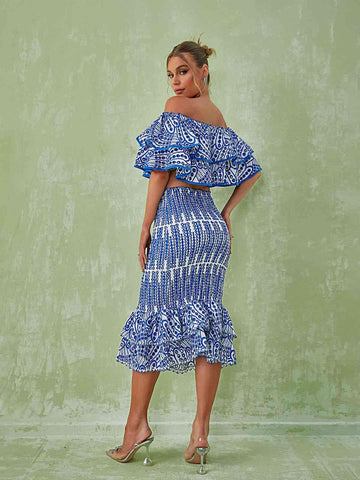 Wisteria Ruffle Off Shoulder Hollow Set In Blue