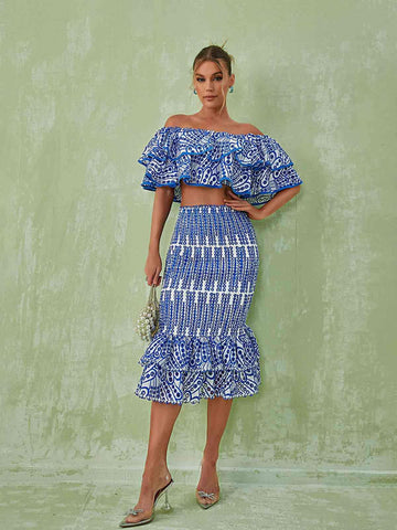 Wisteria Ruffle Off Shoulder Hollow Set In Blue