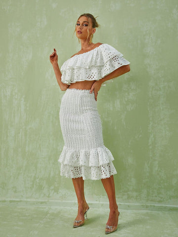Wisteria Ruffle Off Shoulder Hollow Set In White