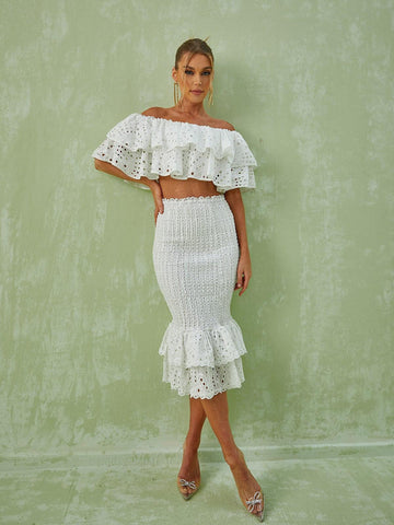 Wisteria Ruffle Off Shoulder Hollow Set In White
