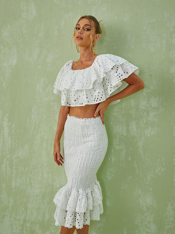Wisteria Ruffle Off Shoulder Hollow Set In White