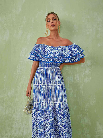 Soleil Off Shoulder Hollow Maxi Dress In Blue