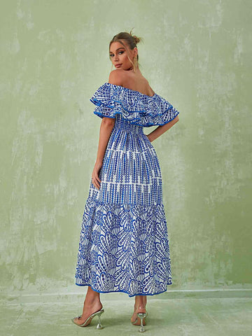 Soleil Off Shoulder Hollow Maxi Dress In Blue