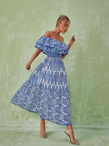 Soleil Off Shoulder Hollow Maxi Dress In Blue