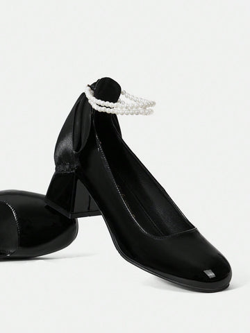 Woman Shoes High Heeled Pumps With Pearls, Solid Colored For Spring And Summer