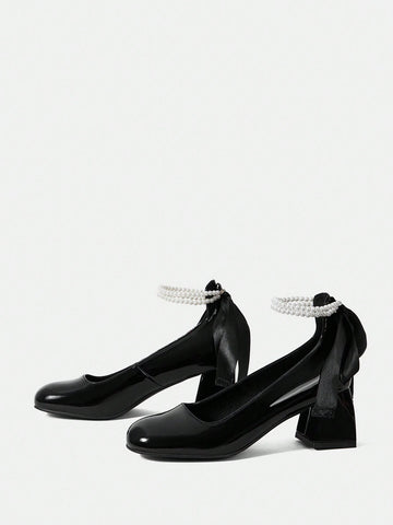 Woman Shoes High Heeled Pumps With Pearls, Solid Colored For Spring And Summer