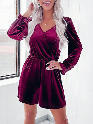 Woman's Velvet Surplice Neck Ruffled Sleeve High Waist Romper