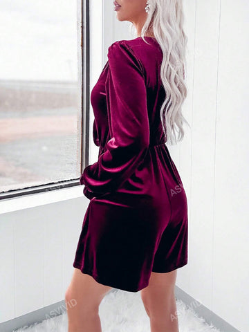 Woman's Velvet Surplice Neck Ruffled Sleeve High Waist Romper