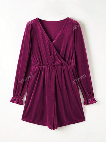 Woman's Velvet Surplice Neck Ruffled Sleeve High Waist Romper