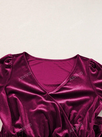 Woman's Velvet Surplice Neck Ruffled Sleeve High Waist Romper