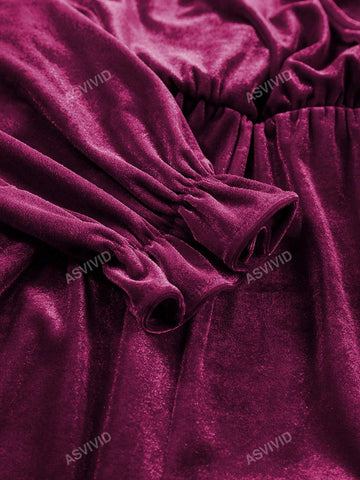 Woman's Velvet Surplice Neck Ruffled Sleeve High Waist Romper