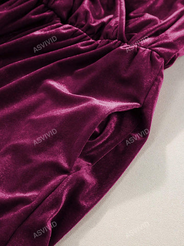 Woman's Velvet Surplice Neck Ruffled Sleeve High Waist Romper