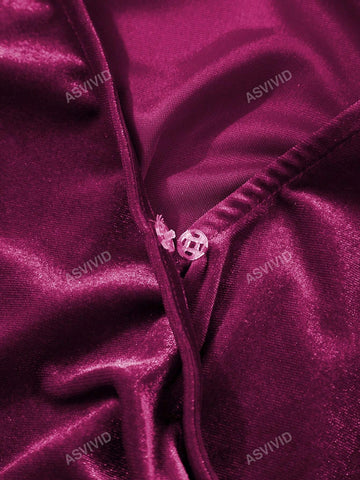 Woman's Velvet Surplice Neck Ruffled Sleeve High Waist Romper