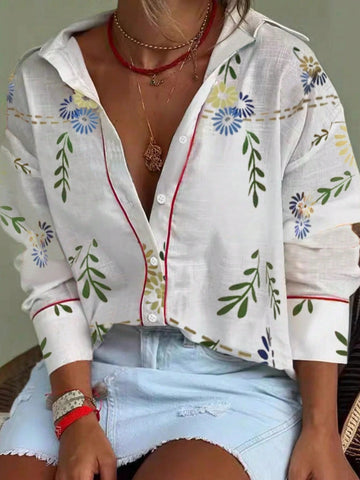 WomenFashion Oversized Textured Fabric Stand-Up Collar Heart Stars Birds Prints Red Trimmed 's Shirt