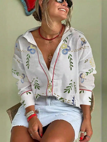 WomenFashion Oversized Textured Fabric Stand-Up Collar Heart Stars Birds Prints Red Trimmed 's Shirt