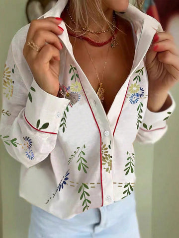 WomenFashion Oversized Textured Fabric Stand-Up Collar Heart Stars Birds Prints Red Trimmed 's Shirt