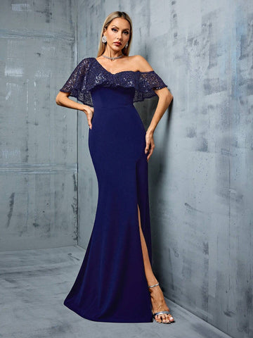 Women'S Asymmetrical One Shoulder Glitter Mermaid Hem Knit Dress With Ruffle Trim And Cutout Details