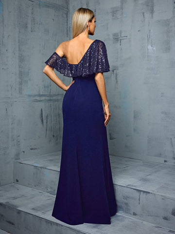 Women'S Asymmetrical One Shoulder Glitter Mermaid Hem Knit Dress With Ruffle Trim And Cutout Details