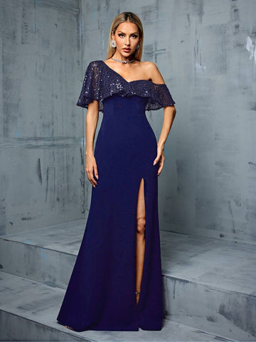 Women'S Asymmetrical One Shoulder Glitter Mermaid Hem Knit Dress With Ruffle Trim And Cutout Details