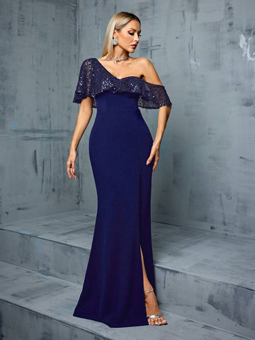 Women'S Asymmetrical One Shoulder Glitter Mermaid Hem Knit Dress With Ruffle Trim And Cutout Details