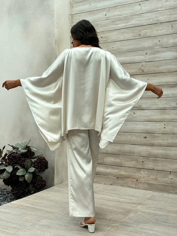 Women'S Batwing Sleeve Asymmetrical Hem Top And Pants Outfit Set