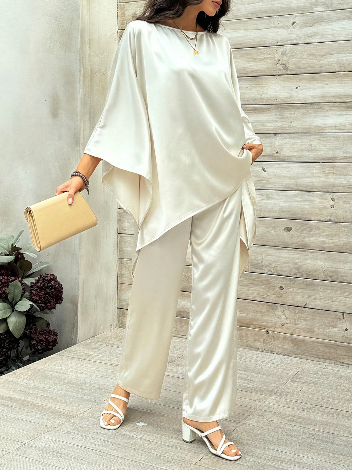 Women'S Batwing Sleeve Asymmetrical Hem Top And Pants Outfit Set