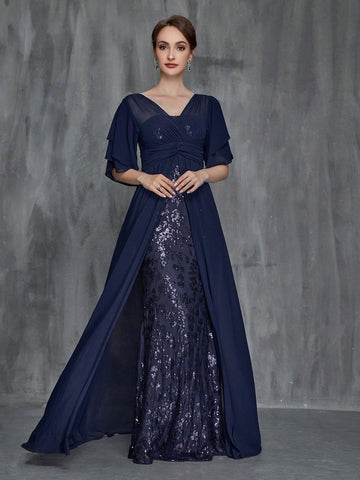 Women'S Butterfly Sleeve Contrast Chiffon Sequin Dress