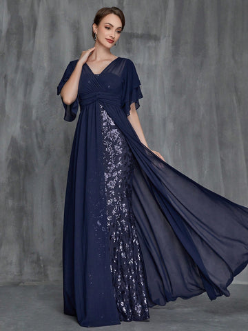 Women'S Butterfly Sleeve Contrast Chiffon Sequin Dress