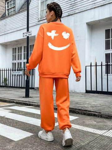 Women'S Cartoon Pattern Drop Shoulder Sweatshirt And Sweatpants Set