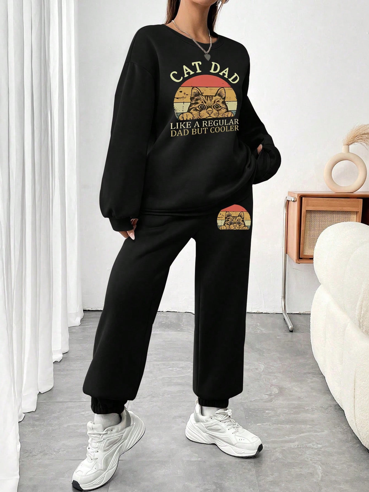 Women'S Cat Printed Round Neck Sweatshirt And Sweatpants Two Piece Set
