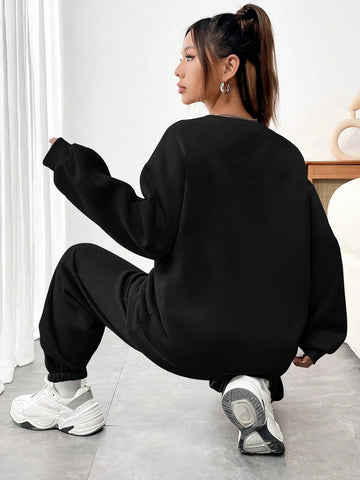 Women'S Cat Printed Round Neck Sweatshirt And Sweatpants Two Piece Set