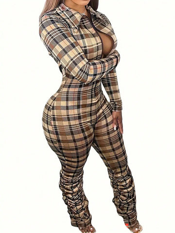 Women'S Check Pattern Skinny Jumpsuit
