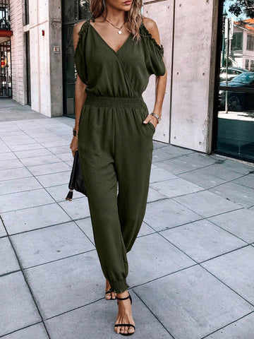 Women'S Cold Shoulder Shirred Waist Jumpsuit
