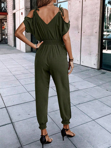 Women'S Cold Shoulder Shirred Waist Jumpsuit