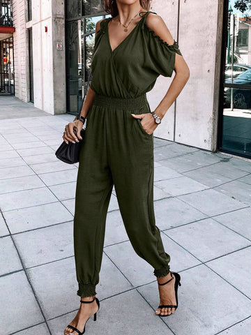 Women'S Cold Shoulder Shirred Waist Jumpsuit