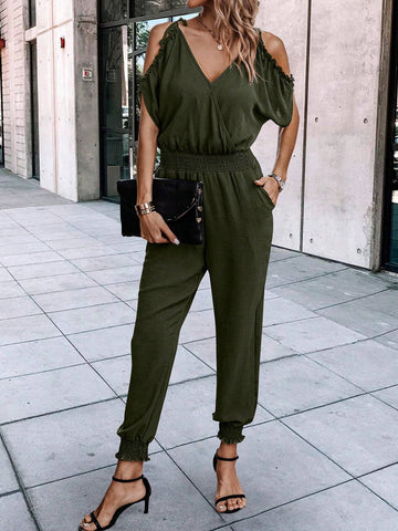 Women'S Cold Shoulder Shirred Waist Jumpsuit